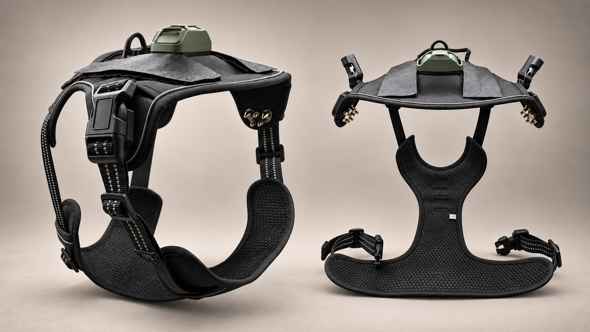 Relay Harness shown from three quarter and direct rear views with a compatible receiver mounted on top.