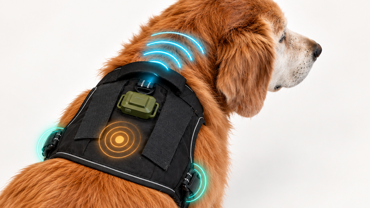 Relay Harness on a Golden Retriever with sound behind the head, vibration on the back, and lateral body contact zones indicated