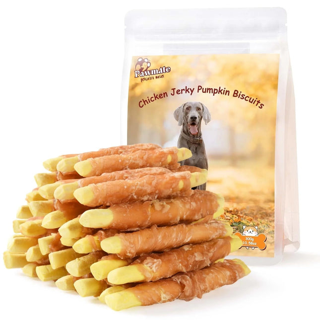 Pawmate Dog Treats Pumpkin Biscuits Chicken Wrapped, Healthy Chewy Snacks High Fiber Low Fat, Training Treats for Small Medium Large Dogs, 10.6 oz