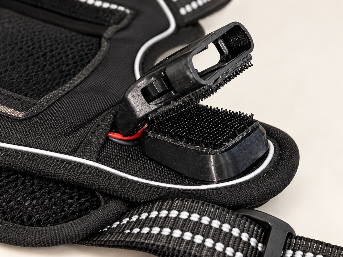 Close-up of the Relay Harness lateral housing and buckle interface.