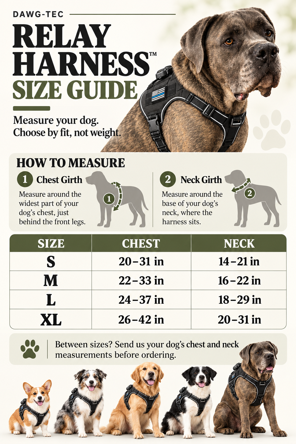 Dawg-Tec Relay Harness size guide with chest and neck measurements for S, M, L and XL