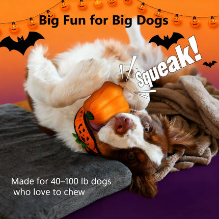 BluBrk Halloween Dog Toys for Aggressive Chewers - Tough Squeaky Pumpkin Chew Toys for Large Dogs Interactive Indoor & Outdoor Toy