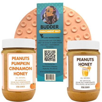 BUDDY BUDDER Pumpkin Pup + Ruff Ruff Raw Red Dog Enrichment Mat Combo, 100% All Natural Peanut Butter, Healthy Dog Treats, Made in USA (Set of 2 / 17oz Jars + Lickmat)
