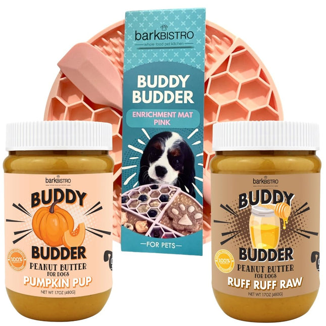 BUDDY BUDDER Pumpkin Pup + Ruff Ruff Raw Red Dog Enrichment Mat Combo, 100% All Natural Peanut Butter, Healthy Dog Treats, Made in USA (Set of 2 / 17oz Jars + Lickmat)