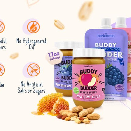 BUDDY BUDDER Pumpkin Pup + Ruff Ruff Raw Red Dog Enrichment Mat Combo, 100% All Natural Peanut Butter, Healthy Dog Treats, Made in USA (Set of 2 / 17oz Jars + Lickmat)