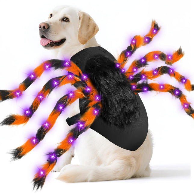 Camlinbo 24 LED Spider Dog Halloween Costume for Small Medium Large Dogs, Furry Spider with LED Lights Puppy Pet Costume Outfits Clothes Funny Halloween Costume Party Cosplay