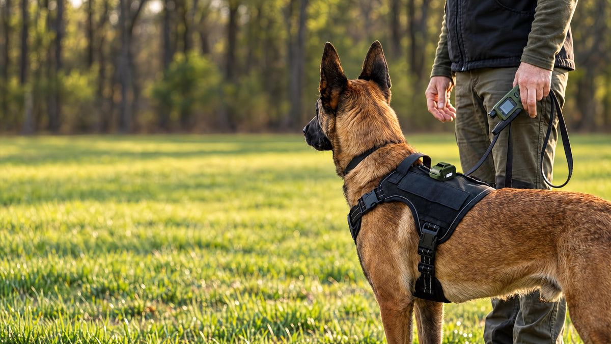 Working dog wearing the Dawg-Tec Relay Harness with a compatible receiver mounted on the upper harness.