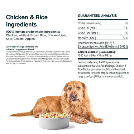 JustFoodForDogs Frozen Fresh Dog Food, Complete Meal or Topper, Chicken & Rice Human Grade Recipe, 18 oz (Pack of 7)