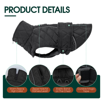 Kuoser Extra Warm Dog Jacket, Windproof & Reflective Dog Coat with Fleece Lining, Pet Christmas Coat Turtleneck Jacket for Large Dogs, Quilted Thermal Puppy Winter Clothes, Dark Grey XL