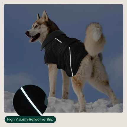 Kuoser Extra Warm Dog Jacket, Windproof & Reflective Dog Coat with Fleece Lining, Pet Christmas Coat Turtleneck Jacket for Large Dogs, Quilted Thermal Puppy Winter Clothes, Dark Grey XL