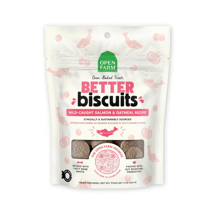 Open Farm Better Biscuits, Oven Baked Dog Treats with Probiotics, Wild-Caught Salmon & Oatmeal Recipe, 8oz Pouch
