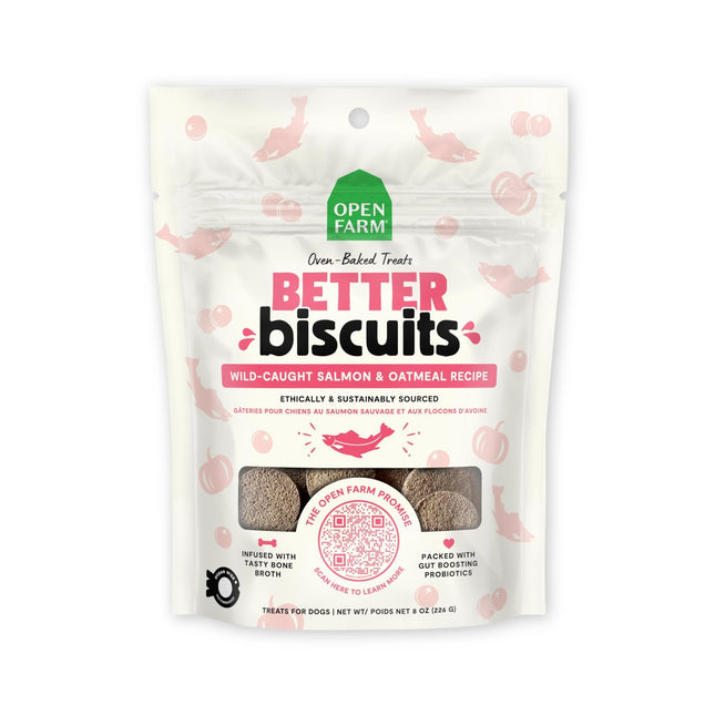Open Farm Better Biscuits, Oven Baked Dog Treats with Probiotics, Wild-Caught Salmon & Oatmeal Recipe, 8oz Pouch