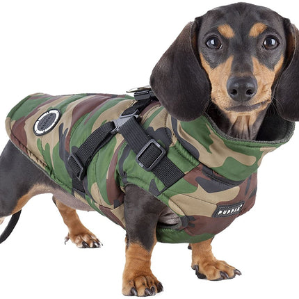 Puppia Mountaineer Winter Dog Coat with integrated harness No Pull Cold Weather Waterproof Warm Fleece Back Zipper for Small & Medium Dog, CAMO, Medium