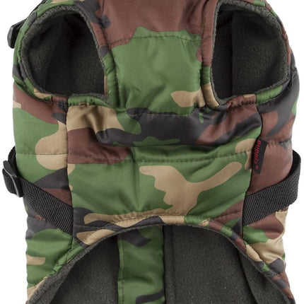 Puppia Mountaineer Winter Dog Coat with integrated harness No Pull Cold Weather Waterproof Warm Fleece Back Zipper for Small & Medium Dog, CAMO, Medium