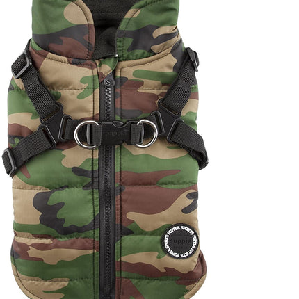 Puppia Mountaineer Winter Dog Coat with integrated harness No Pull Cold Weather Waterproof Warm Fleece Back Zipper for Small & Medium Dog, CAMO, Medium