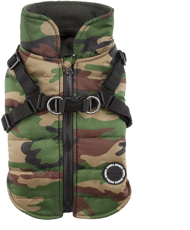 Puppia Mountaineer Winter Dog Coat with integrated harness No Pull Cold Weather Waterproof Warm Fleece Back Zipper for Small & Medium Dog, CAMO, Medium