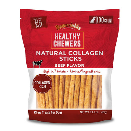 Rewardables | Healthy Chewers | Natural Collagen and Beef Sticks for Dogs | 100 Count | High Protein and Limited Ingredient Dog Chews