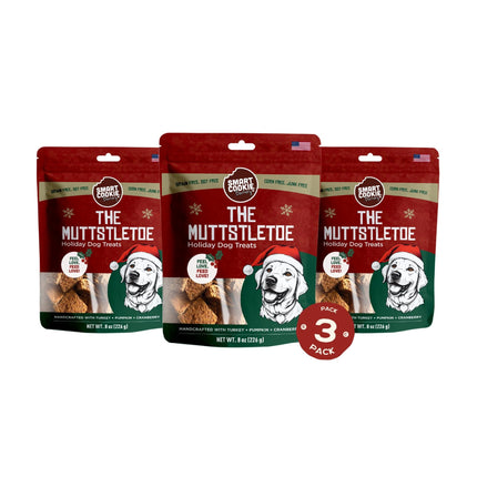 Smart Cookie Muttstletoe Holiday Dog Treats - Turkey, Pumpkin and Cranberry Christmas Dog Treats - Healthy, All Natural, Grain Free, Human-Grade - Made in USA - 8oz (3 Pack)