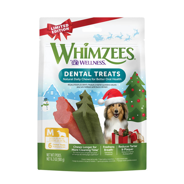 WHIMZEES Wellness Holiday Dog Dental Treats, Natural Chews, Christmas Gift for Dogs, Size Medium Stick, (6 Count)